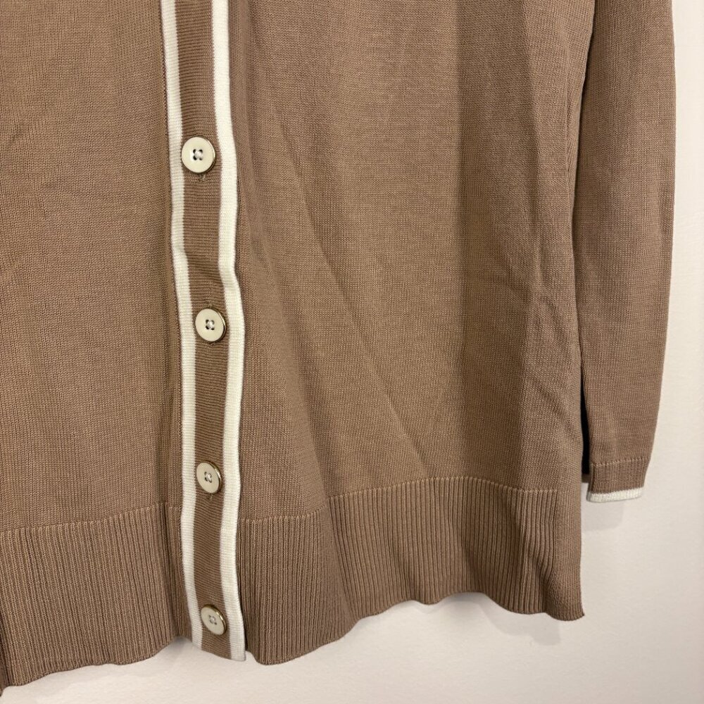 Talbots Tan White Preppy V-Neck Button Cardigan Old Money Cotton Blend - Picture 2 of 7